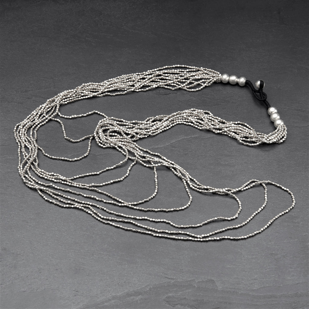 Artisan handmade silver, tiny cube beaded, long, layered multi row necklace designed by OMishka.