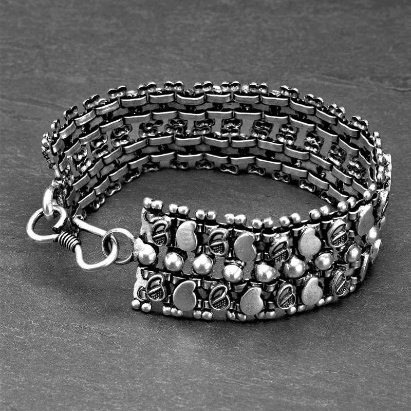 Artisan handmade silver toned brass, beaded mango motif, chunky chainmail bracelet designed by OMishka.