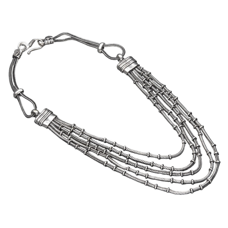 Artisan handmade silver toned white metal, multi row, subtle disc beaded, snake chain necklace designed by OMishka.