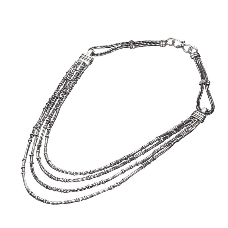 Artisan handmade silver toned white metal, multi strand, subtle disc beaded, layered snake chain necklace designed by OMishka.