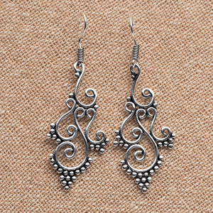 Artisan handmade solid silver, tiny beaded tendril patterned, drop hook earrings designed by OMishka.