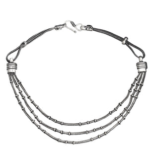 Artisan handmade silver toned white metal, three row, subtle beaded, adjustable snake chain necklace designed by OMishka.
