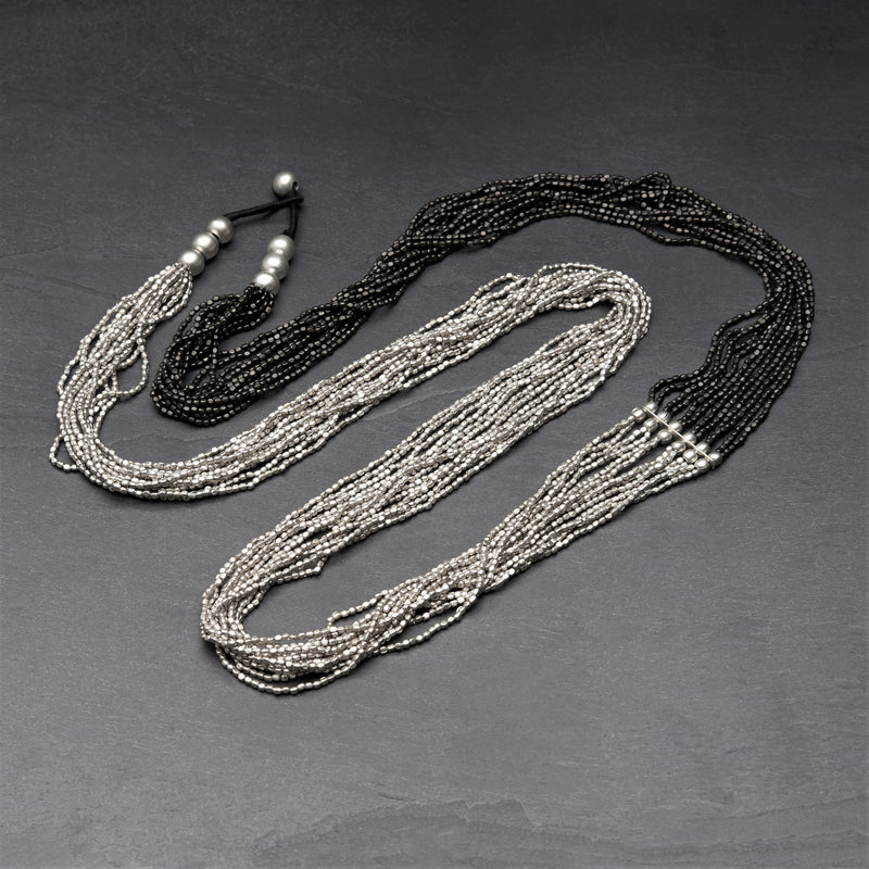 Artisan handmade, striped silver and black brass, long beaded multi strand necklace designed by OMishka.
