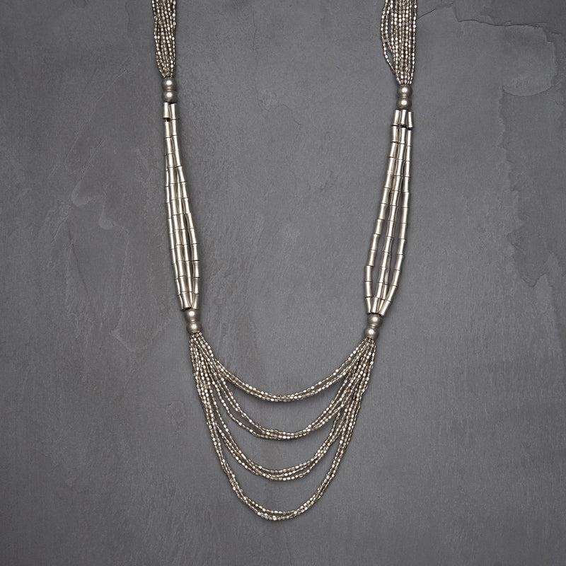 Artisan handmade silver, tiny cube and bone beaded, layered multi strand necklace designed by OMishka.