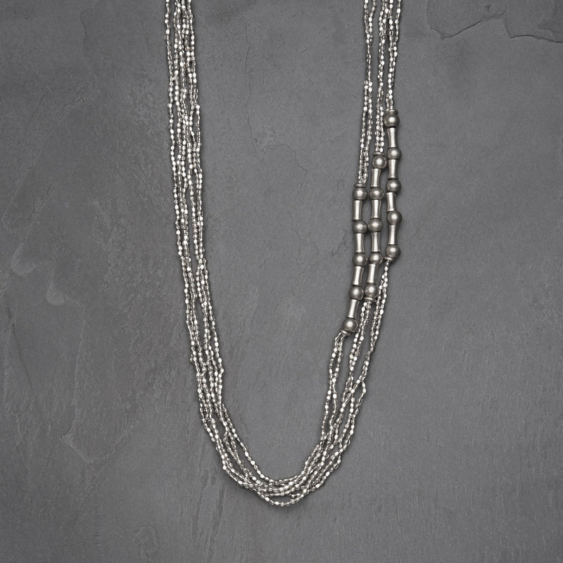 Artisan handmade, silver toned brass, tiny cube and bone beaded multi strand necklace designed by OMishka.