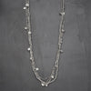 Artisan handmade silver, tiny cube and round beaded, mini disc charm, long multi strand necklace designed by OMishka.