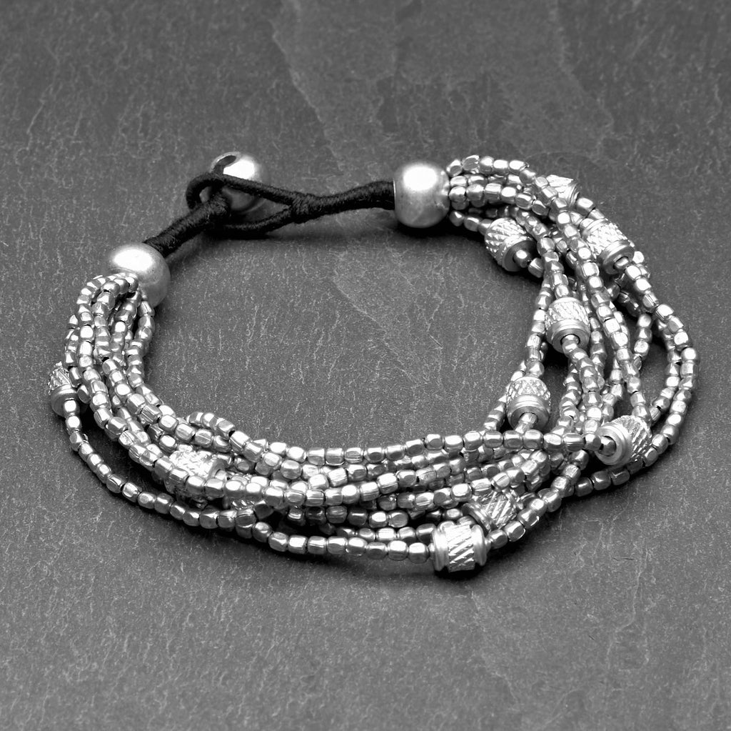 Artisan handmade silver, tiny cube and charm beaded, multi strand bracelet designed by OMishka.