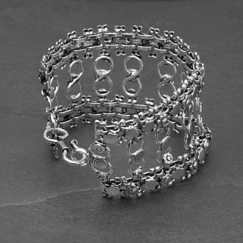 Artisan handmade silver toned brass, patterned open circle, chunky chainmail bracelet designed by OMishka.