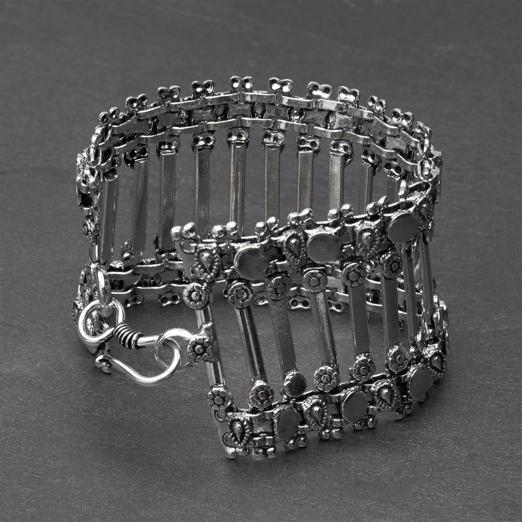 Artisan handmade silver toned brass, open line detailed, patterned chunky chainmail bracelet designed by OMishka.