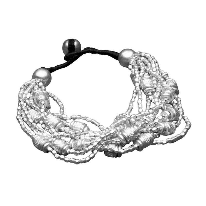 Artisan handmade silver, chunky charm and tiny cube beaded multi strand bracelet designed by OMishka.