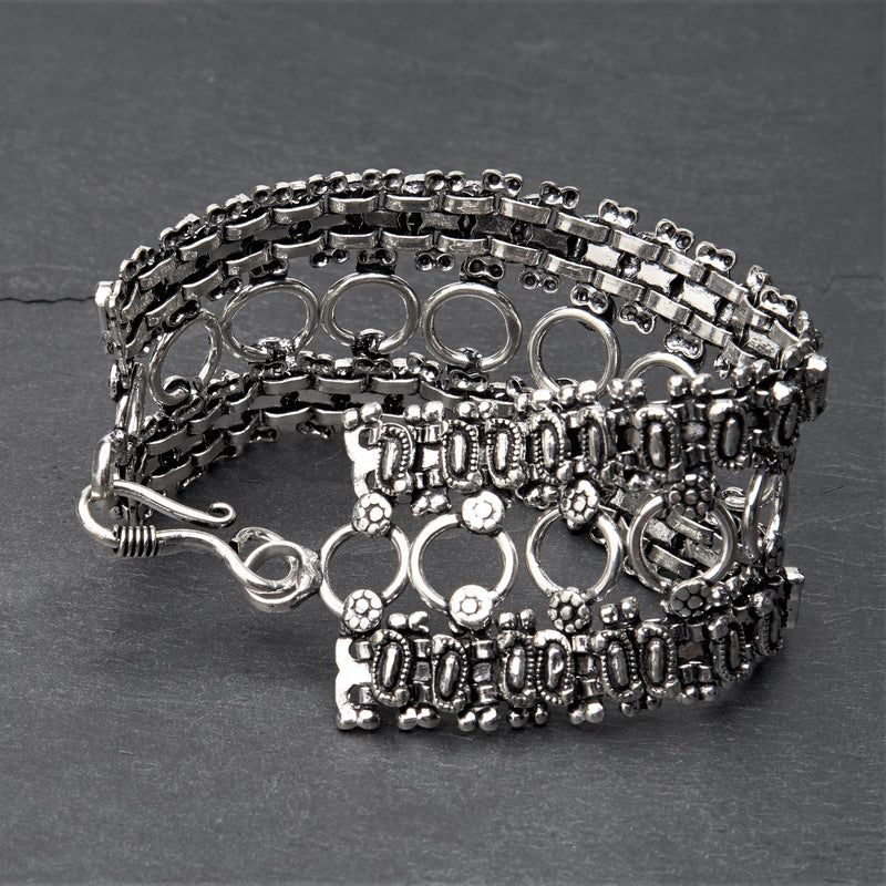 Artisan handmade silver toned brass, decorative open circle, chunky chain bracelet designed by OMishka.