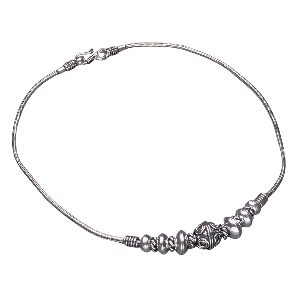 Artisan handmade, silver toned plated white metal, decorative circle beaded, snake chain necklace designed by OMishka.
