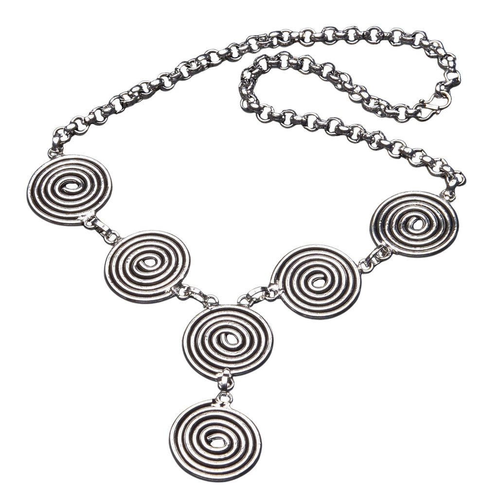 Artisan handmade silver toned brass, coiled multi spiral detail, adjustable drop necklace designed by OMishka.