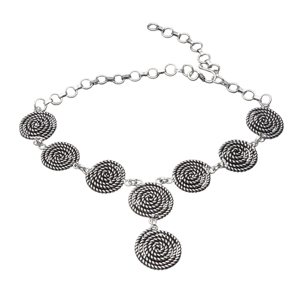 Artisan handmade silver toned brass, coiled rope spiral detail, adjustable drop necklace designed by OMishka.