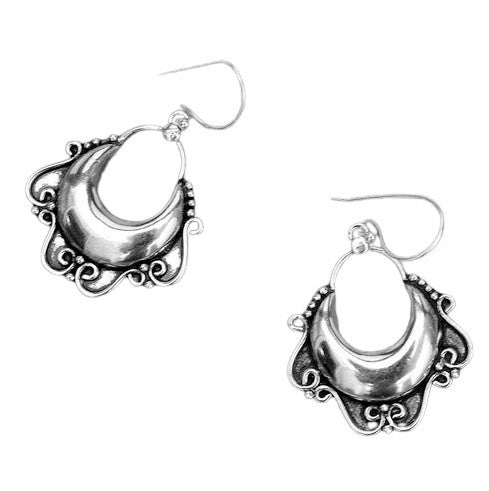 Artisan handmade solid silver, crescent shaped open hoop, drop earrings designed by OMishka.