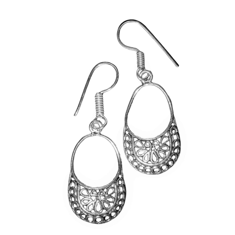 Artisan handmade solid silver, dainty, open circle filigree, drop earrings designed by OMishka.