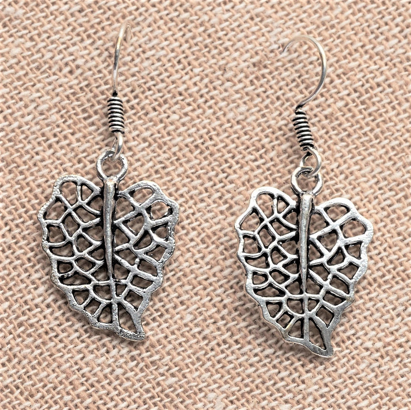 Artisan handmade solid silver, dainty skeleton leaf drop hook earrings designed by OMishka.