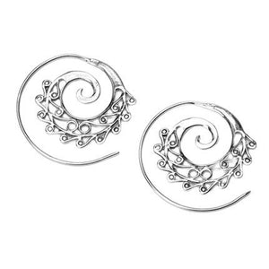 Artisan handmade solid silver, dainty swirl patterned, spiral threader hoop earrings designed by OMishka.
