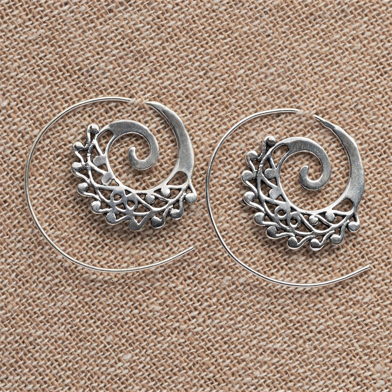 Artisan handmade solid silver, dainty swirl, spiral threader hoop earrings designed by OMishka.