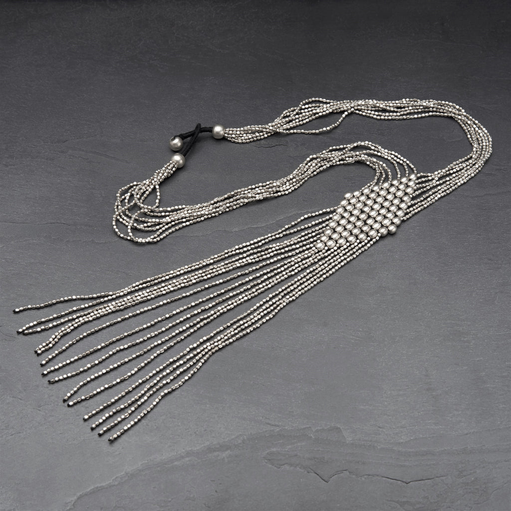 Artisan handmade silver toned brass, beaded diamond shaped, long drop multi strand necklace designed by OMishka.