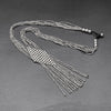 Artisan handmade silver toned brass, beaded diamond shaped, long multi strand necklace designed by OMishka.