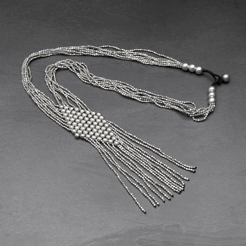 Long Layered Multi Row Silver Beaded Necklace