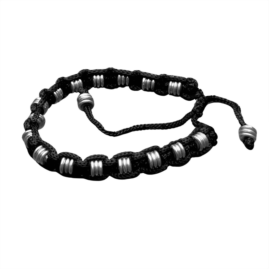 Artisan handmade silver disc beaded, woven black hemp cord adjustable bracelet designed by OMishka.