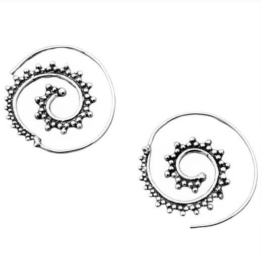 Artisan handmade solid silver, dot beaded, large spiral hoop earrings designed by OMishka.