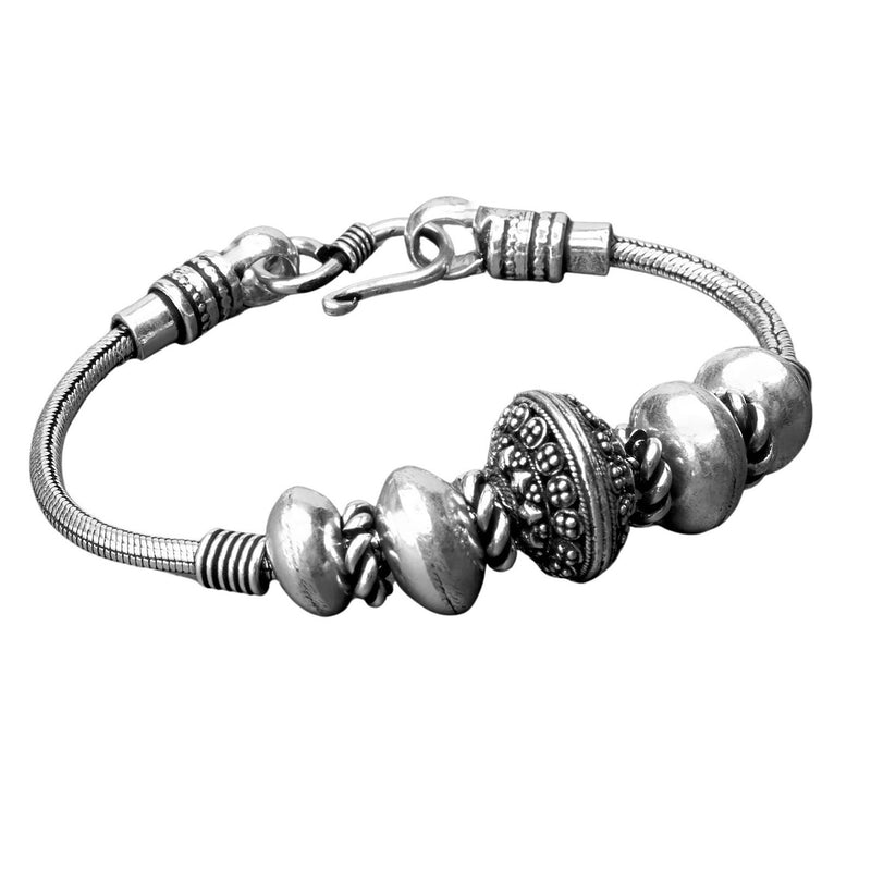 Artisan handmade silver toned plated brass, decorative dotted bead, snake chain bracelet designed by OMishka.