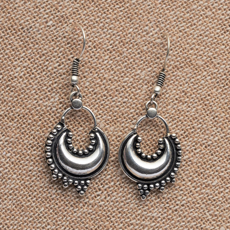 Artisan handmade solid silver, dotted decorated crescent moon, drop hook earrings designed by OMishka.