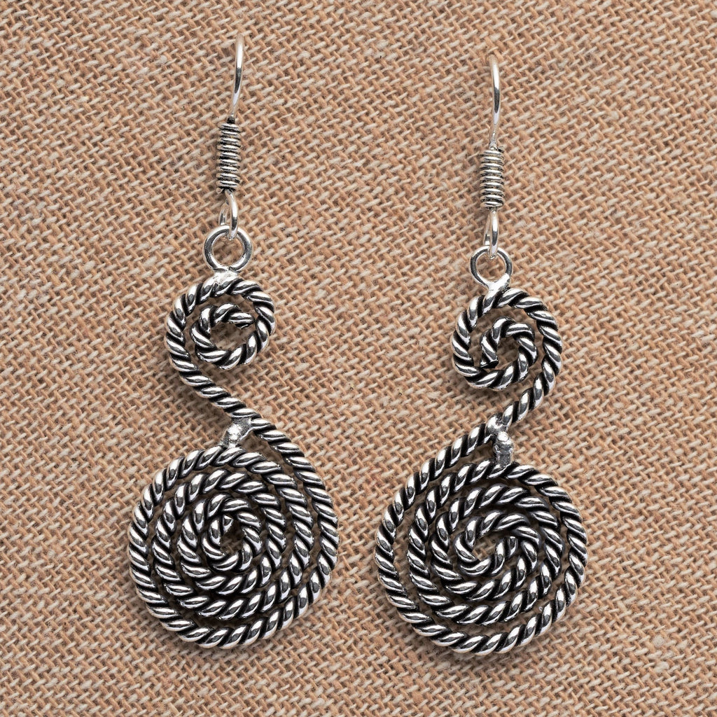 Artisan handmade oxidised solid silver, rope twisted double spiral, long drop earrings designed by OMishka.