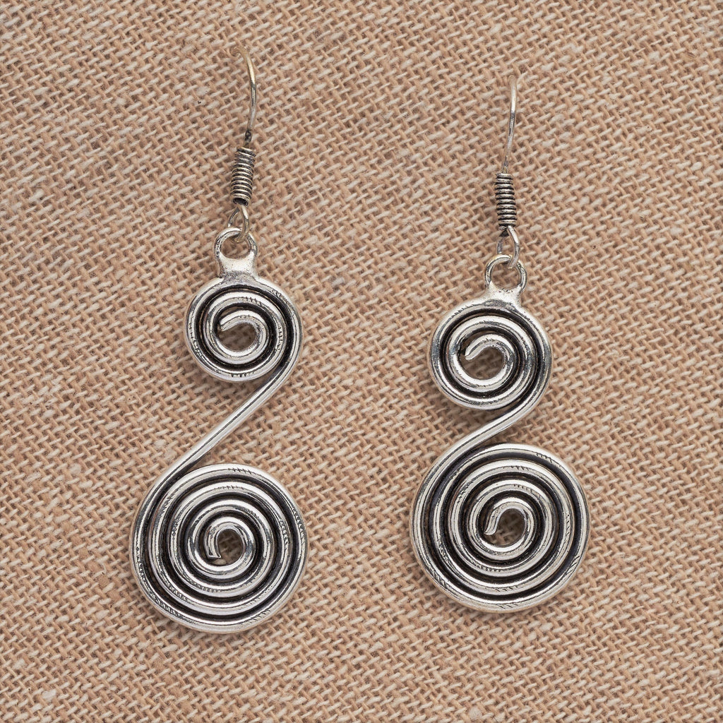 Artisan handmade solid silver, long double spiral drop hook earrings designed by OMishka.