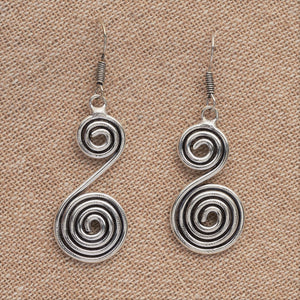 Artisan handmade solid silver, long double spiral drop hook earrings designed by OMishka.