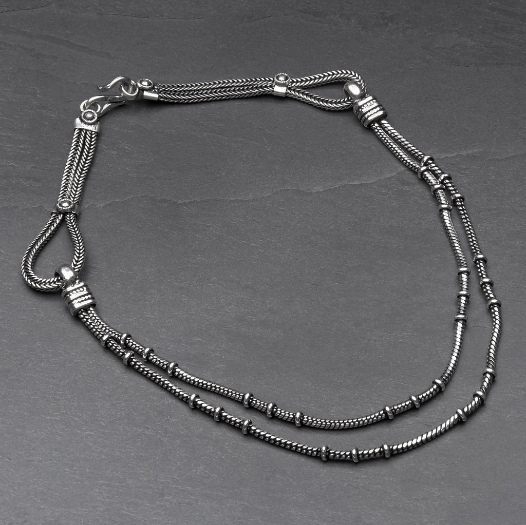 Artisan handmade silver toned white metal, double strand, subtle beaded, snake chain necklace designed by OMishka.