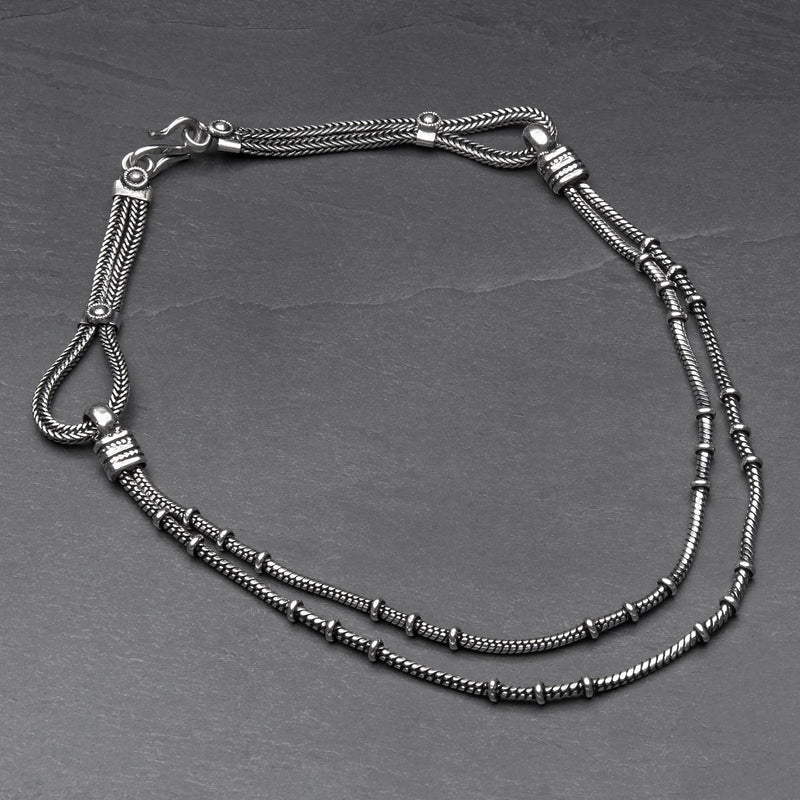 Artisan handmade silver toned white metal, double strand, subtle beaded, snake chain necklace designed by OMishka.