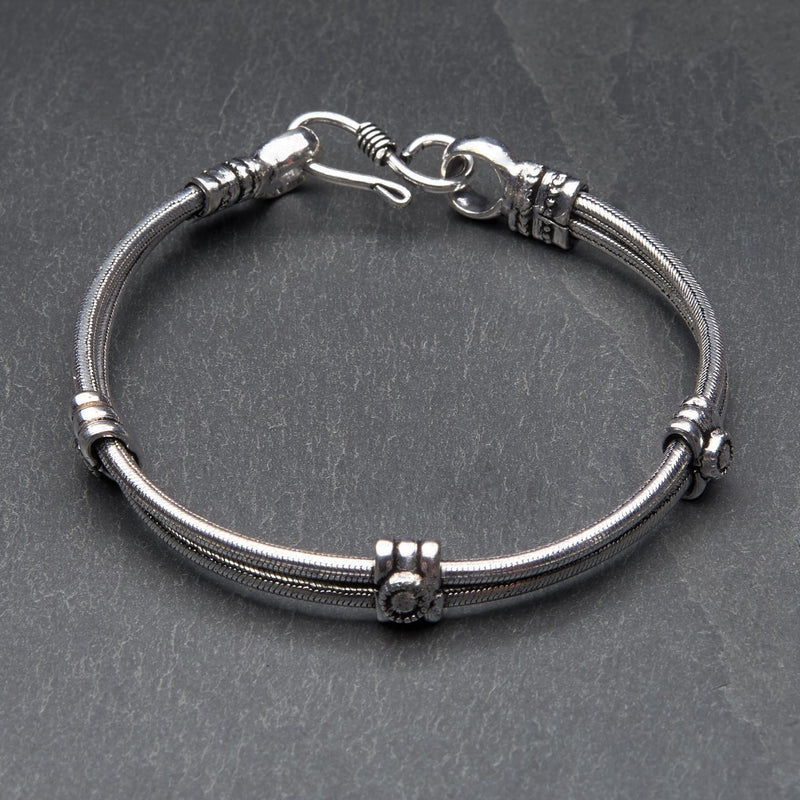 Artisan handmade silver toned brass, double strand, subtle decorative link, snake chain bracelet designed by OMishka.