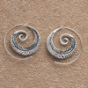 Artisan handmade solid silver, feather detailed, spiral hoop earrings designed by OMishka.