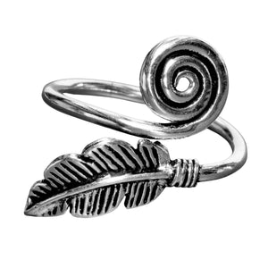 An artisan handmade, solid silver, dainty feather spiral wrap ring designed by OMishka.