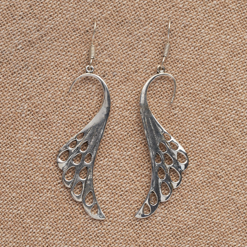 Artisan handmade solid silver, long feathered wing drop hook earrings designed by OMishka.