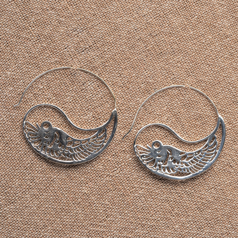 Artisan handmade solid silver, feathered wing detailed, large half hoop earrings designed by OMishka.
