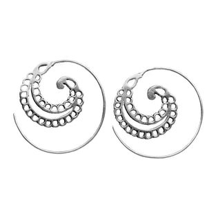 Artisan handmade solid silver, dainty fern leaf, ear hugging spiral hoop earrings designed by OMishka.