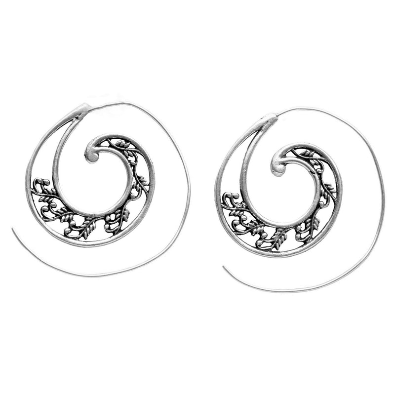 Artisan handmade solid silver, floral cut out detailed, spiral hoop earrings designed by OMishka.
