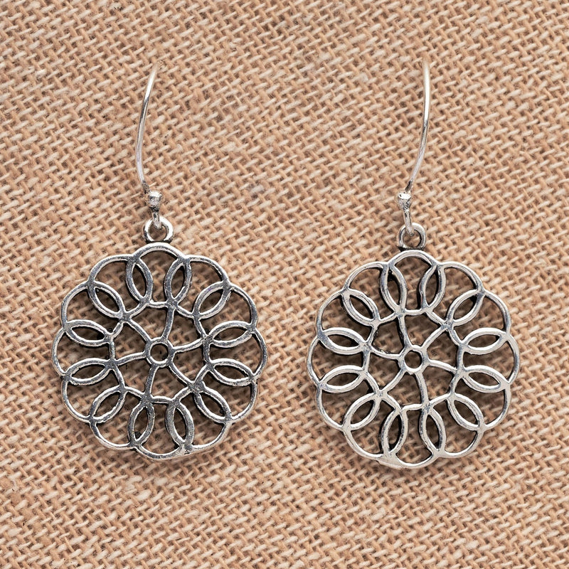 Artisan handmade solid silver, circle patterned, flower mandala drop earrings designed by OMishka.