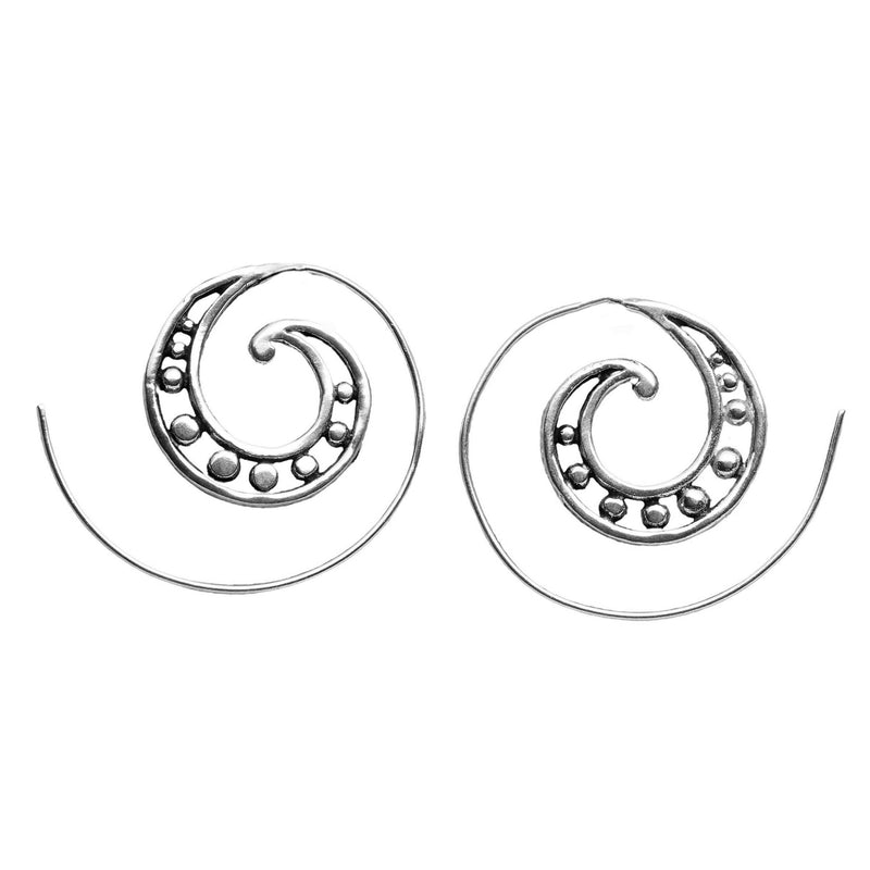 Artisan handmade solid silver, galactic swirl, dainty spiral hoop earrings designed by OMishka.