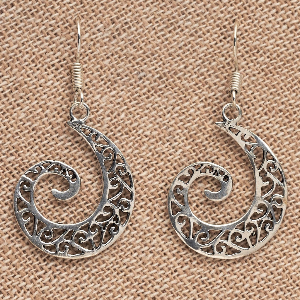 Artisan handmade solid silver, cut out ivy vine detailed, spiral drop earrings designed by OMishka.