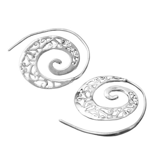 Artisan handmade solid silver, cut out ivy vine, spiral hoop earrings designed by OMishka.