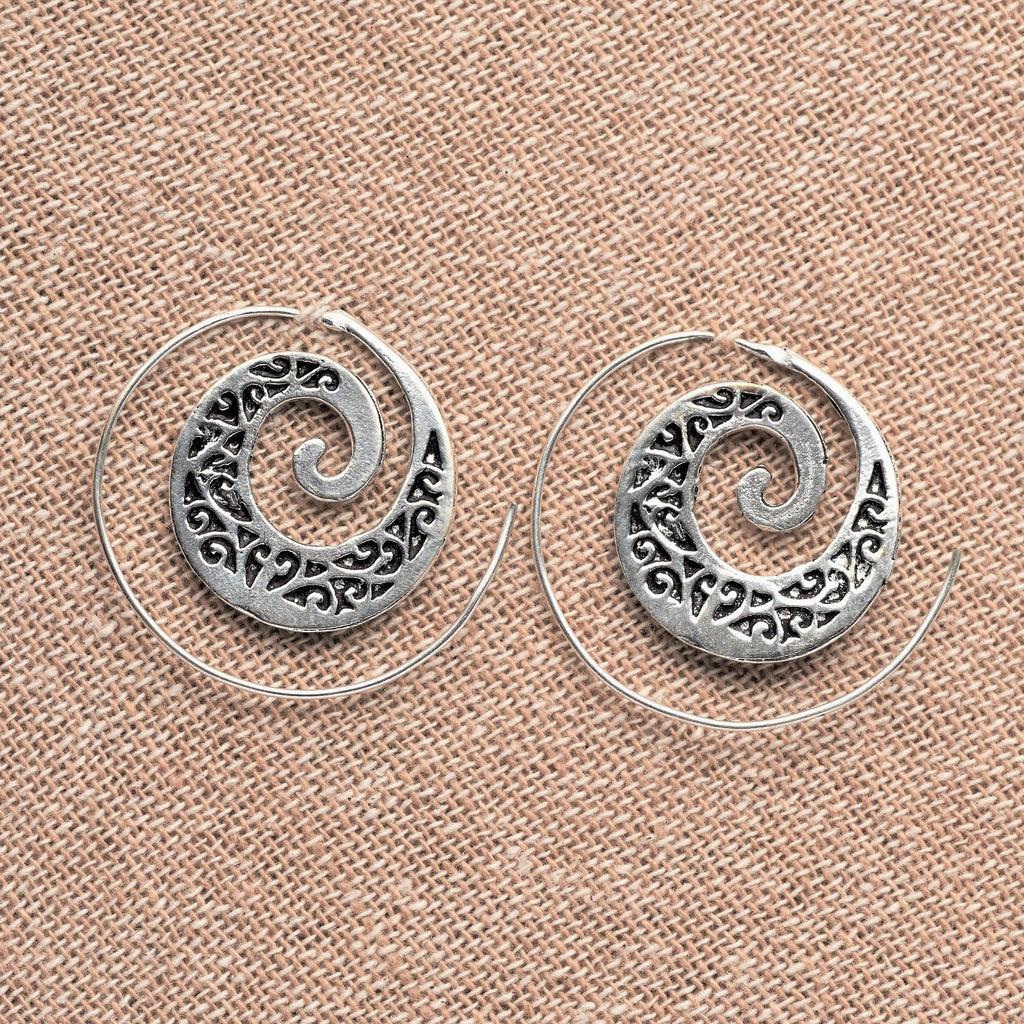 Artisan handmade solid silver. ivy vine spiral hoop earrings designed by OMishka.