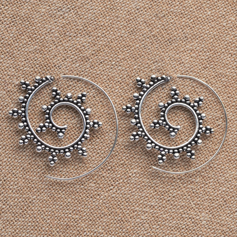 Artisan handmade solid silver, large, decorative dotted spiral hoop earrings designed by OMishka.