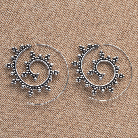 Beaded Silver Spiral Dangle Earrings