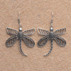 Artisan handmade solid silver, large dragonfly drop hook earrings designed by OMishka.